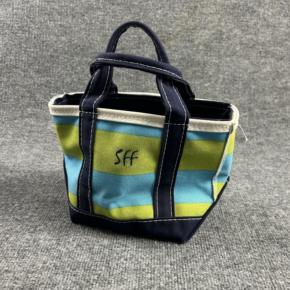 Canvas Tote Bag Unisex Mini Blue Green Striped Zip Top Key Clip Monogram SFF